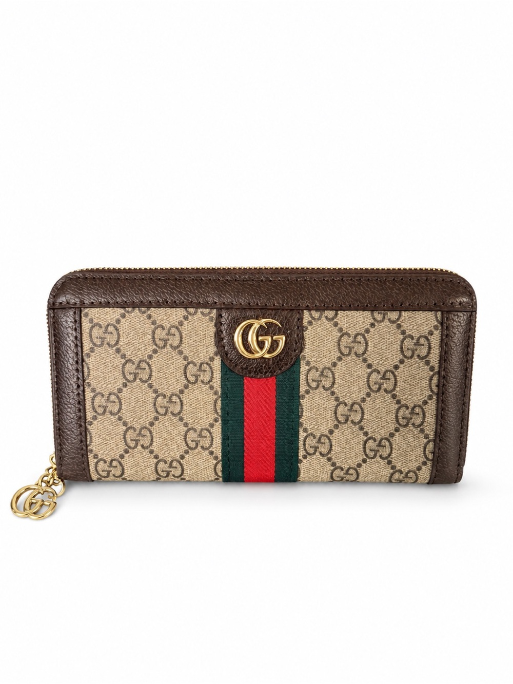 Gucci Brown & Beige GG Supreme Zip Wallet with Red-Green Web